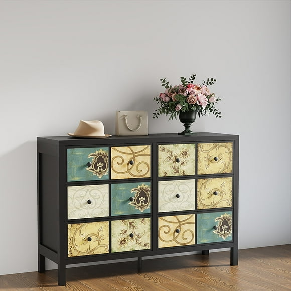 Commode de 47 Pouces à 6 Tiroirs avec Motif Floral Rétro, Armoire-Coffre en Bois Style Ferme avec Poignées en Métal, Organisateur de Rangement pour Chambre, Salon, Couloir, Entrée, Noir