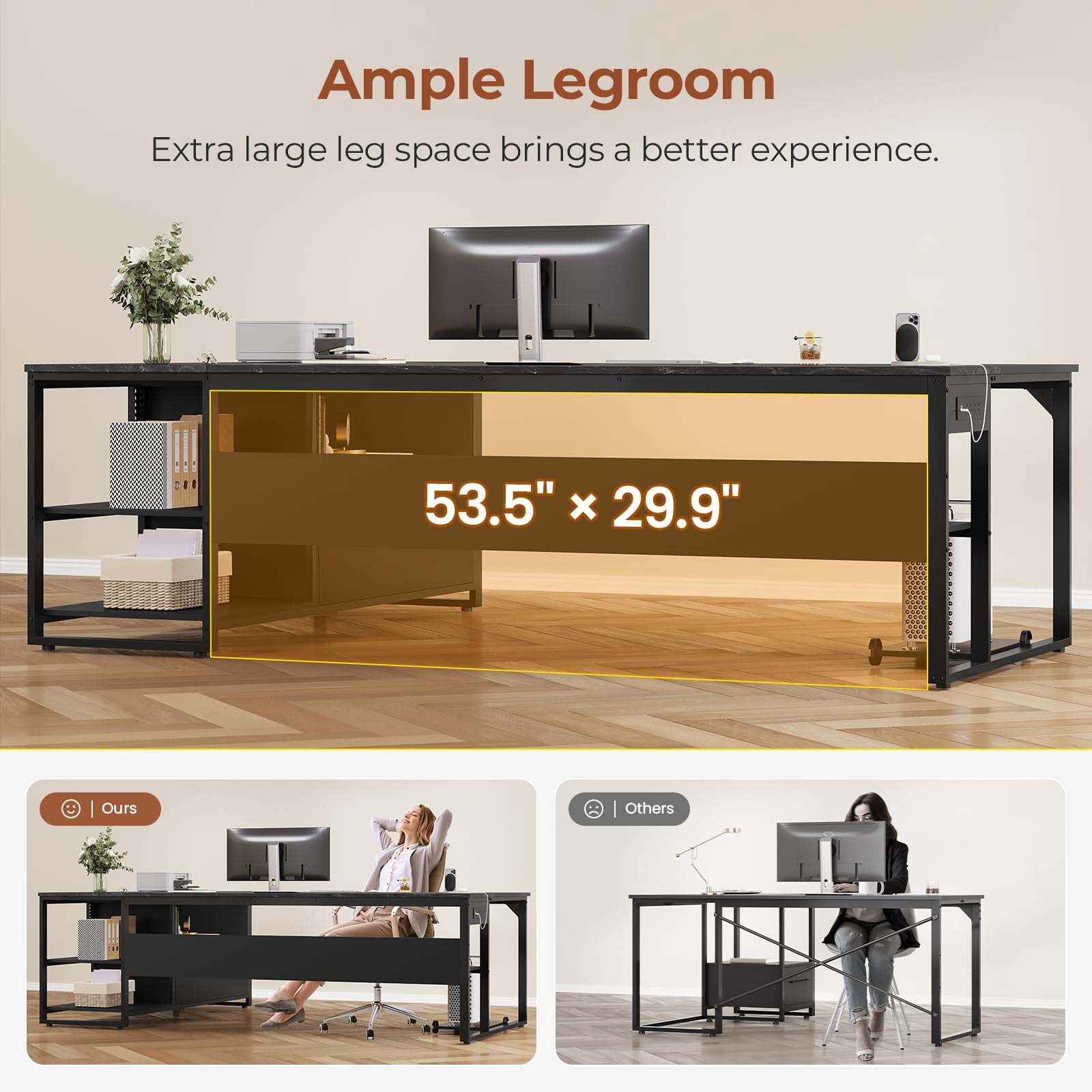 71" L Shaped Executive Desk, Reversible Home Office Desk with Widen File Drawers & Power Outlets, Computer Desk Corner Desk with Open Shelves, CPU Stand, Hooks (Black)