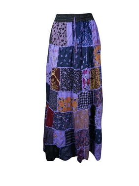 Mogul Women Maxi Skirt, Floral Black Print Patchwork Rayon Elastic Waist Swing Skirts Bohemian Long Summer Skirt S/M