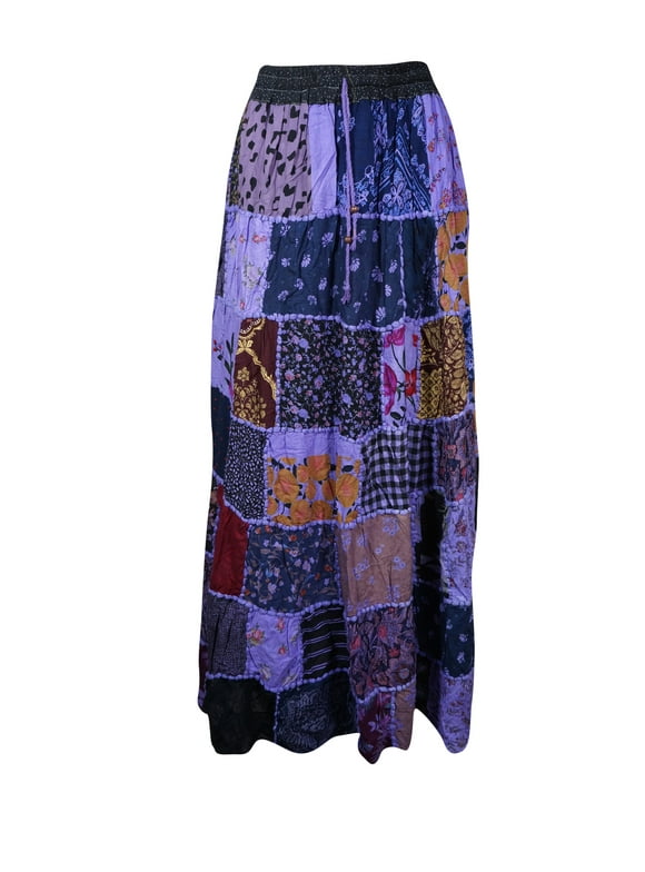 Mogul Women Maxi Skirt, Floral Black Print Patchwork Rayon Elastic Waist Swing Skirts Bohemian Long Summer Skirt S/M