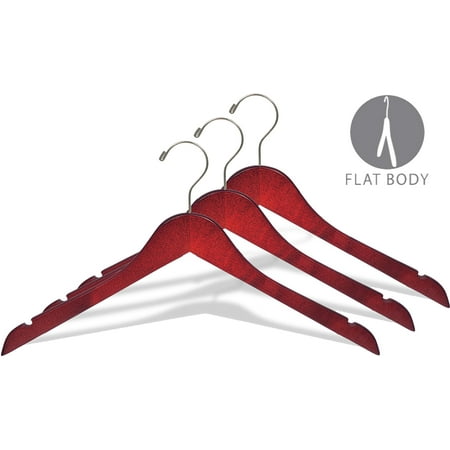 Wood Top Hanger w/ Cherry Finish, (Box of 25) 17 Inch Flat Wooden Hangers w/ Brushed Chrome Swivel Hook & Notches for Shirt Jacket or Dress by International
