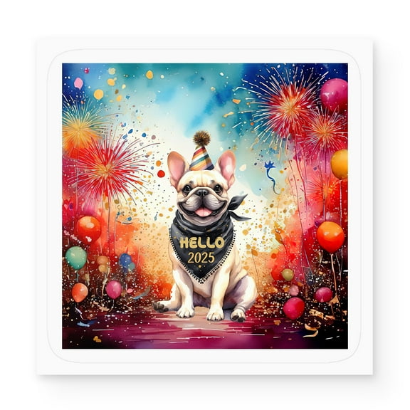 Hello 2025 French Bulldog Celebrates Happy New Year Firework Balloon Vinyl Sticker Dog Lover Gifts Waterproof Decal Art Decor - 02024