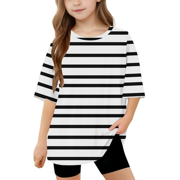 Virmaxy (5-15Years) Kids Baby Fashion Shirt Boys Girls Casual Striped Light Version Short Sleeve Top Summer Loose Casual Trend Pullover Shirt Black-1 5 Years