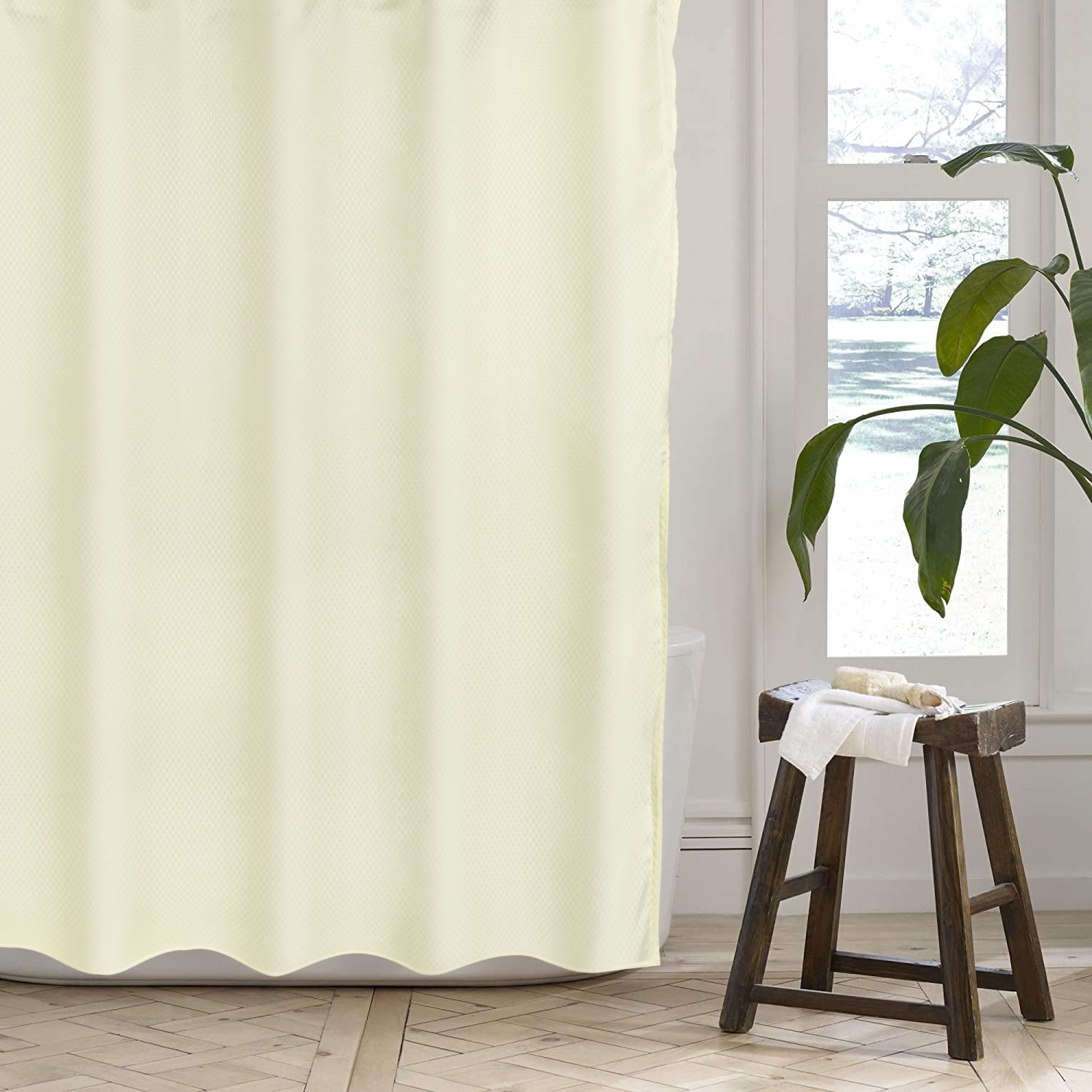 Coolmade Waffle Weave Shower Curtain, 12 Hooks Included - Hotel Style, Waterproof & Washable, Heavyweight Fabric & Mesh Top Window - 72x72,Beige