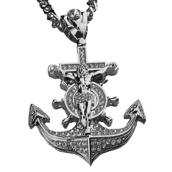 Men's Huge Mariners Cross Anchor Jesus Pendant Hip Hop Chain Silver Tone 30" inch Cuban Necklace