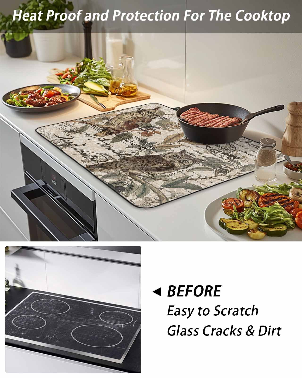 Stove Top Covers for Electric Stove, Country Owl Glass Stovetop Cover Protector, Rustic Sping Floral Botanical Postmark Induction Cooktop Protector Oven Mat for Kitchen Countertop 24"x21"