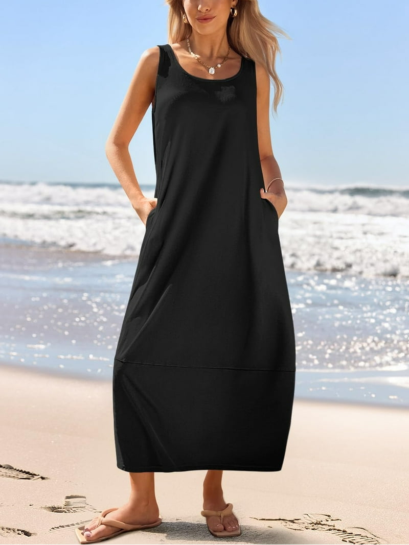 Temofon Womens Casual Maxi Sundress Summer Beach Dress Scoop Neck Sleeveless Loose Tank Dresses with Pockets