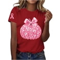 thumbnail image 2 of Haivin Womens Autumn T-Shirt, Shiny Glitter Breast Cancer Awareness Pumpkin Print, Short Sleeve Round Neck Top for Fall Fashion and Casual Wear, 2 of 3