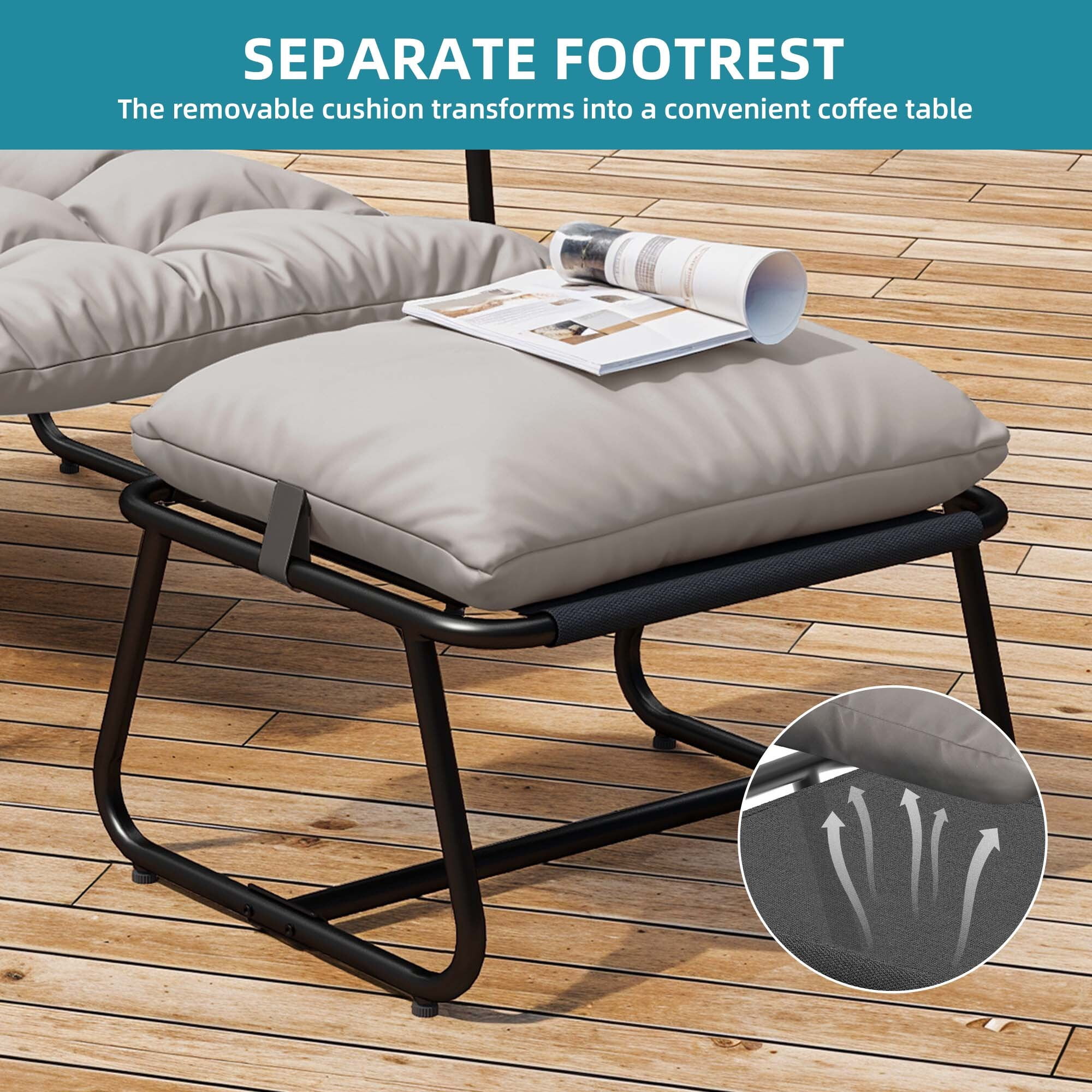 Uforic Outdoor Papasan Lounge Chair with Ottoman, Dark Gray Textilene Sling Recliner Set with Puffy Cushion, Indoor Outdoor Comfy Leisure Chair for Patio Balcony Backyard Garden
