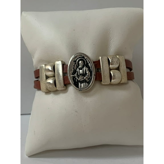 Bracelet of Saint Jude Medal handmade jewelry with Double Leather Straps by Graciela's Collection