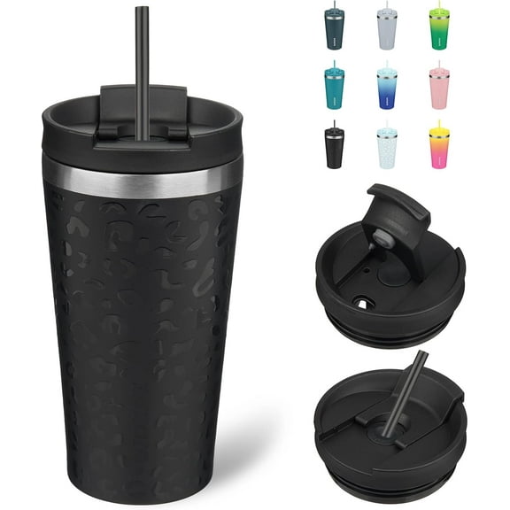 18oz Insulated Tumbler With lid And Straw Stainless Steel Tumblers Travel Coffee Mug Reusable Thermal Cup,Black Leopard