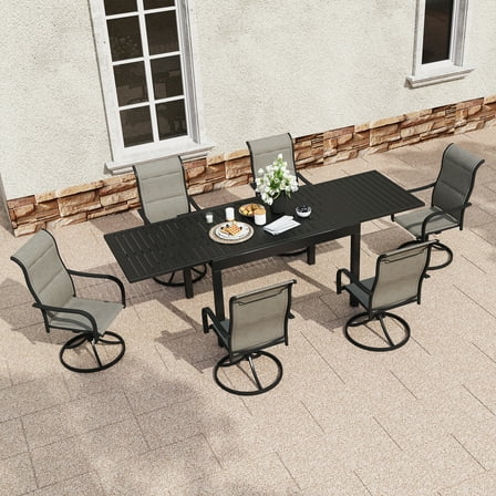 Boyel Living 7 Piece Outdoor Patio Dining Set, Outdoor Textilene Dining Chairs with Extendable Dining Table Metal Furniture Set for 8-Person, Black&Gray-Brown