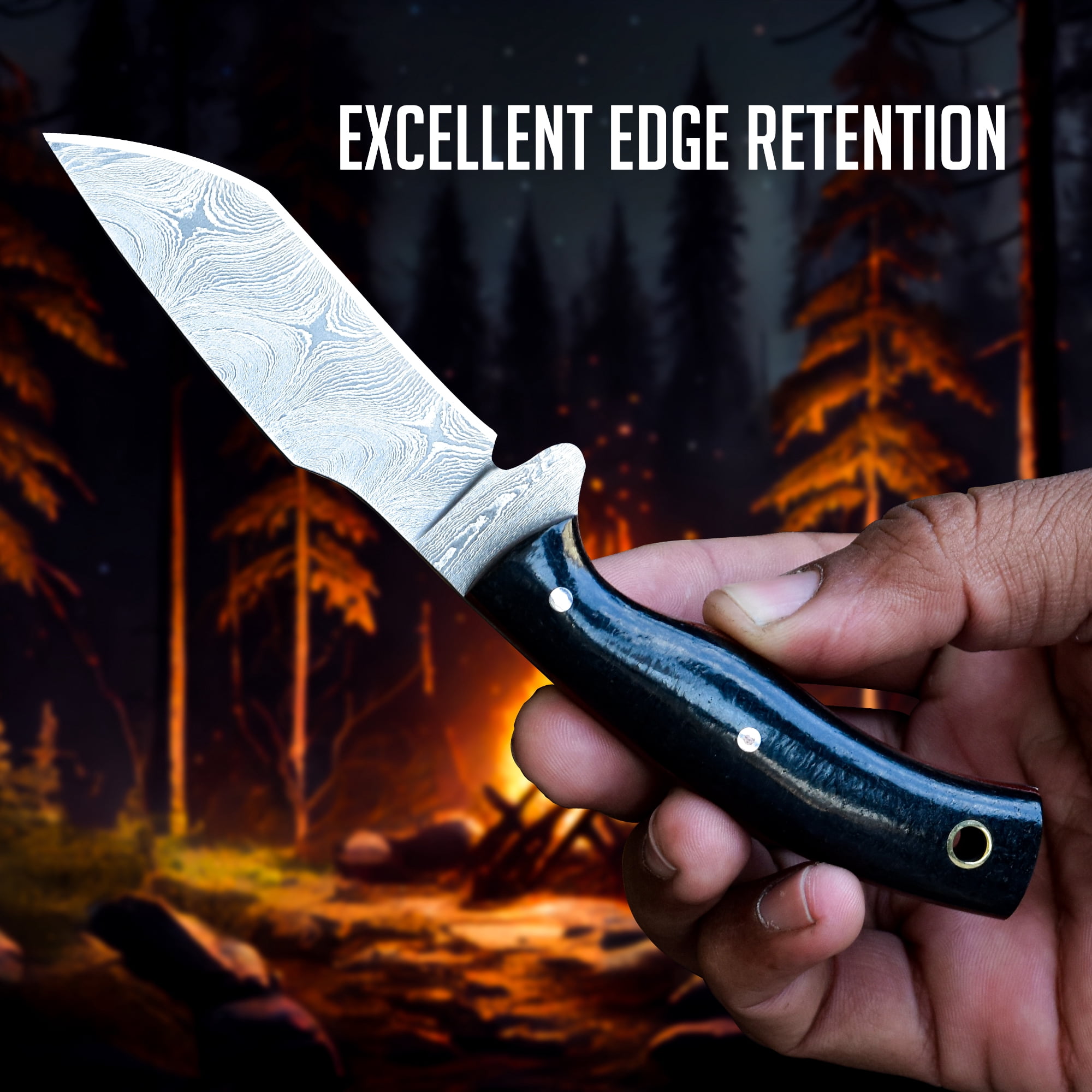 Knives Ranch Handmade Small Tactical edc Knife – Forged Damascus with Black Burlap Micarta Handle – 3-3/8" Blade – Horizontal Cowboy Leather Sheath – EDC & Utility Knife (3185-M)