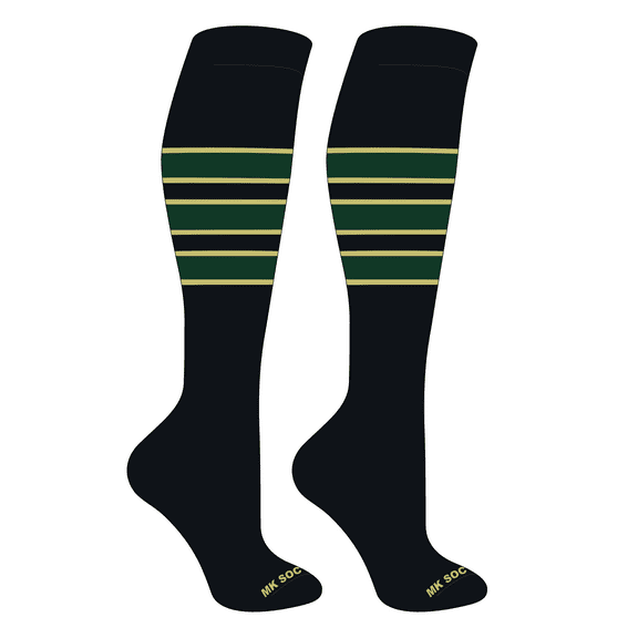 MK Socks Striped OTC Baseball, Softball, Football Socks (C) Black, Vegas Gold, Dk Green (S)