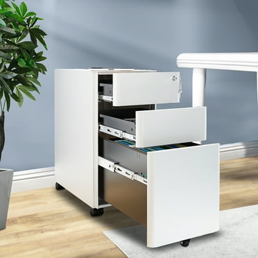 Uforic Mobile Slim File Cabinet with Lock, 3 Drawers, Portable Metal Office Storage Filing Cabinet, Accommodates Lega Size, Pre-Assembled Cabinet Excluding Casters, Designed to Fit Under Desk, White