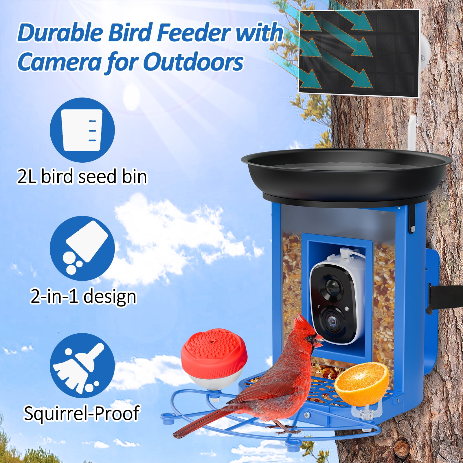 Bird Feeder with Camera, 2K Bird Camera with 3-in-1 Feeding, Drinking, and Bathing | AI Bird Identify, Real-Time Monitoring and Alerts | IP65 and Squirrel-Proof for Outdoors, Gift for Bird Lovers