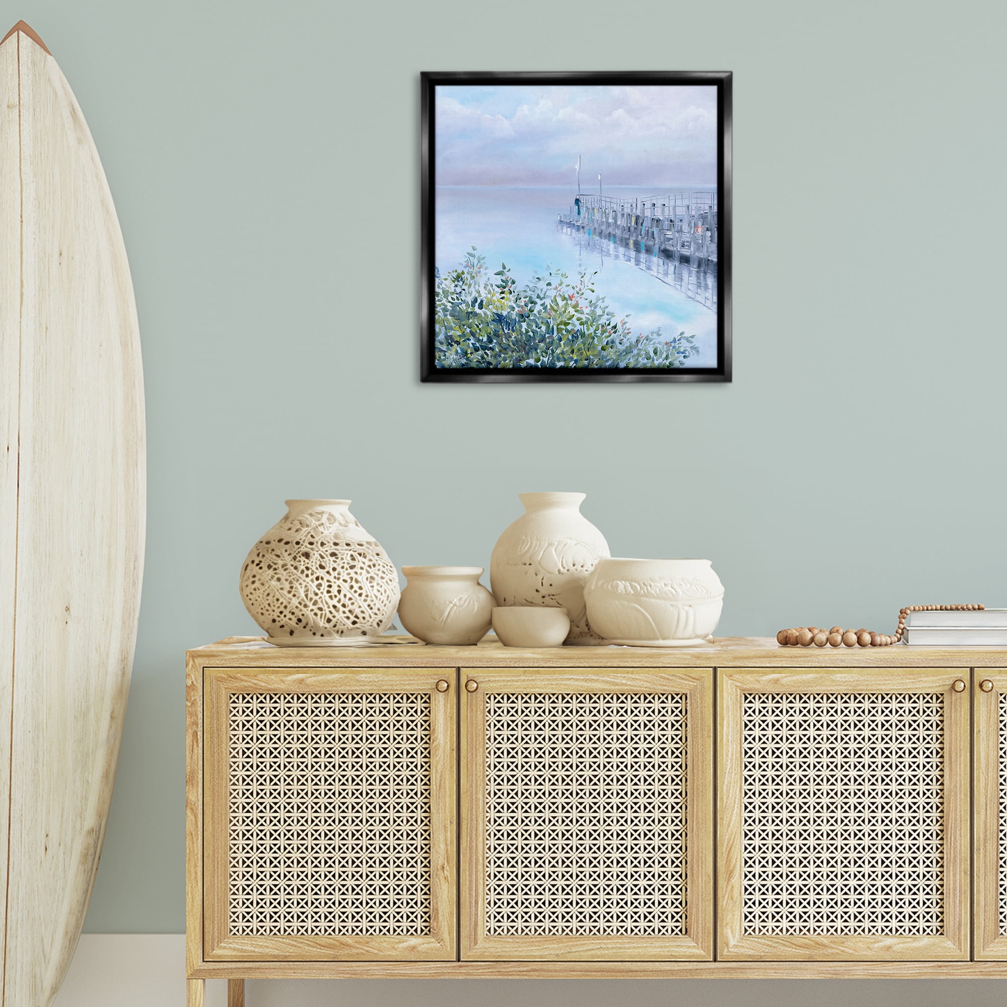 Stupell Industries Foggy Harbor Dock Landscape Painting Black Floater Framed Canvas Art Print Wall Art, 25 x 25