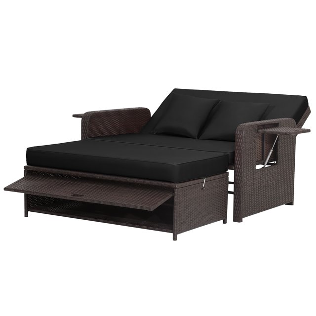 Gymax Causeuse en Rotin Ensemble Lit de Jour Salon Ottomane de Rangement Tables d'Appoint Ajuster Patio Noir