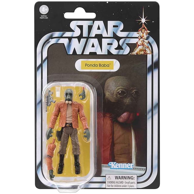 Star Wars The Vintage Collection 3.75 Inch Action Figure (2025 Wave 2B) - Ponda Baba VC01A. This collectible action figure by Hasbro features Ponda Baba from Star Wars: A New Hope, designed with premium detail and collector-grade deco. The figure is displayed in its original-style packaging with accessories, including interchangeable hands and a blaster. Suitable for ages 4 and up, with a safety warning for small parts.
