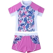Kids Girls Floral Print 2 Piece Swimsuit Short Sleeve Swim Shirt Drawstring Boyshorts Bathing Suit