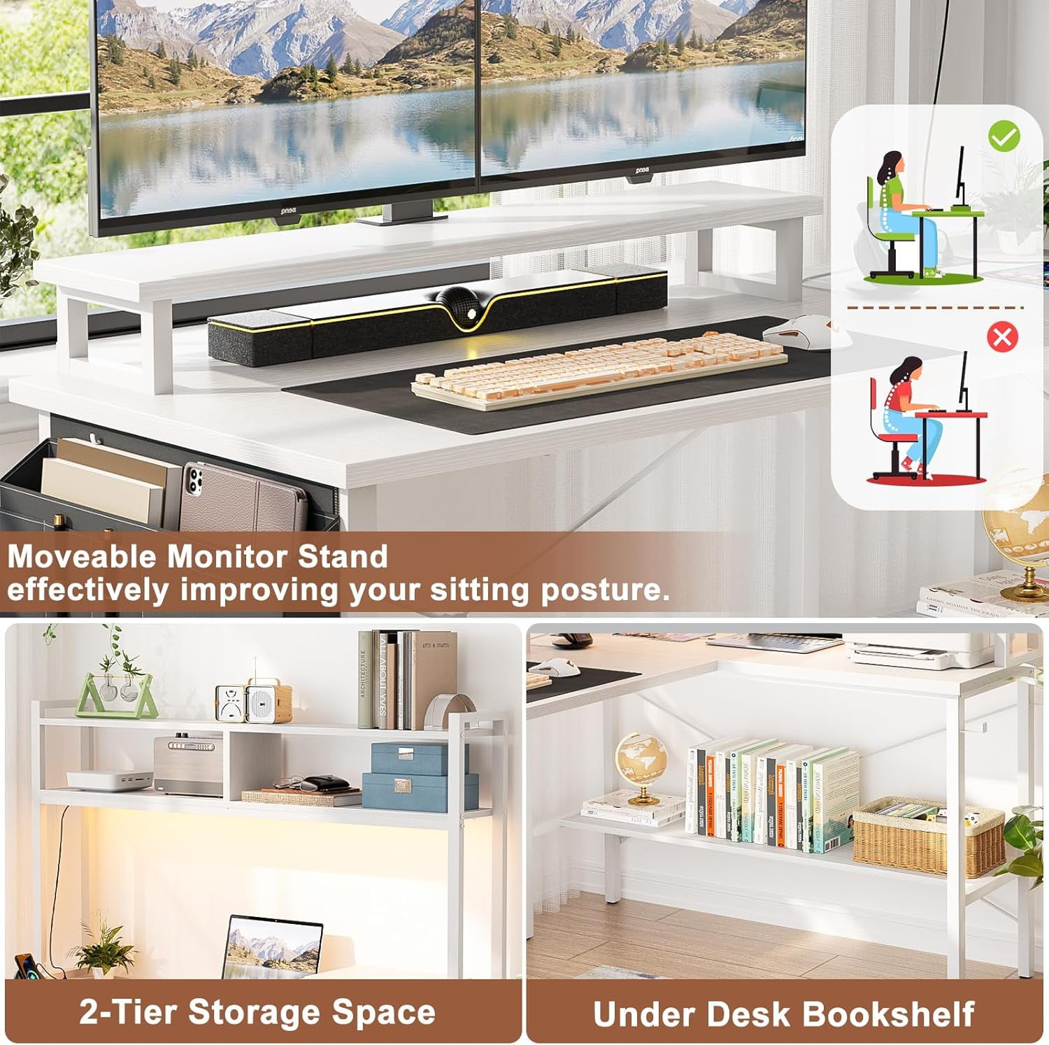 Homieasy L Shaped Gaming Desk with Power Outlets & LED Lights, Small L- Shaped Desk Computer Corner Desk with Monitor Stand & Storage Shelf, Home Office Desk Writing Desk with Storage Bag, White