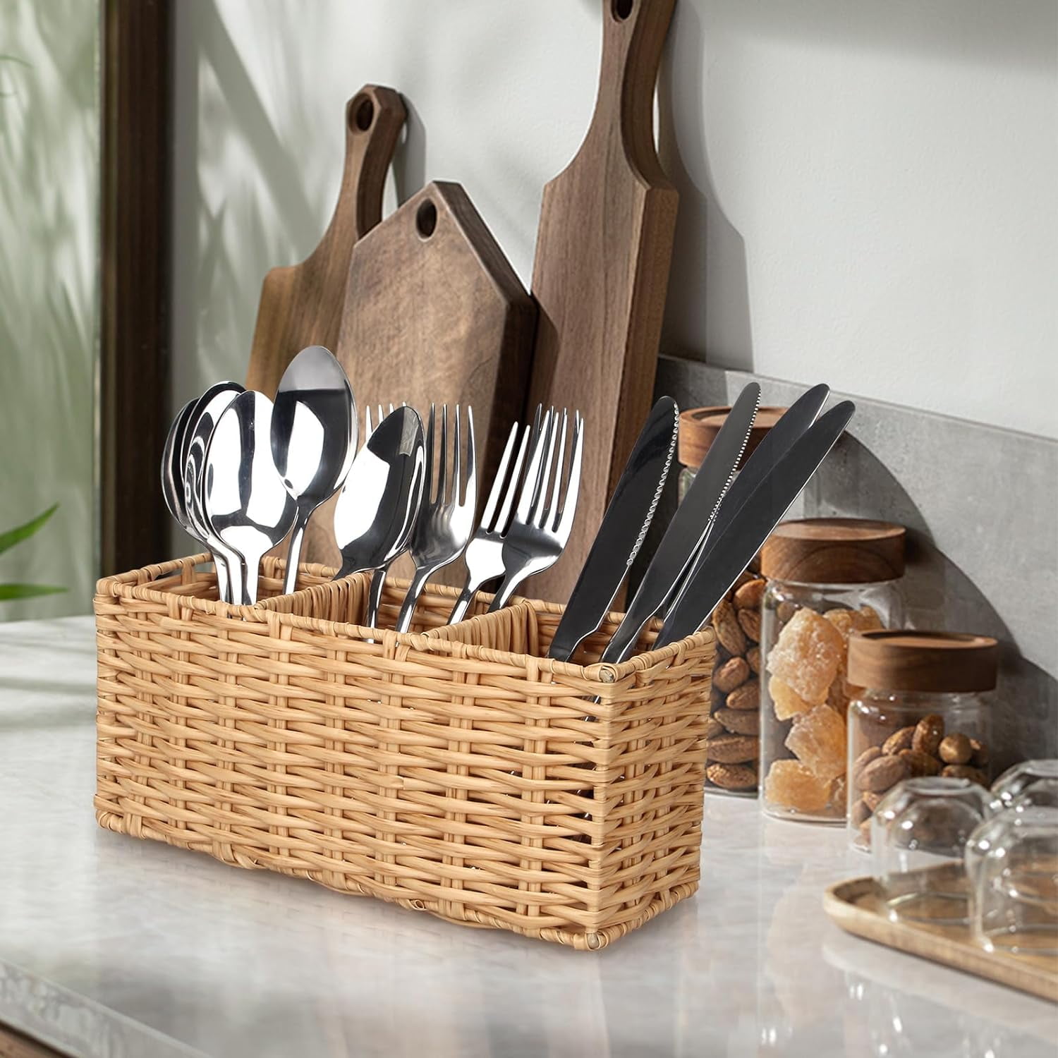 Wicker Flatware Silverware Caddy Cutlery Holder Kitchen Storage for Countertop Small Utensil Holders Party Table Spoon Knives Fork Holder Flatware Utensils Caddy Basket