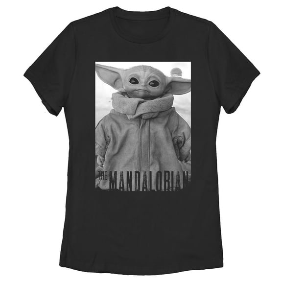 Women's Star Wars: The Mandalorian The Child Gray Grayscale Pose  Graphic Tee Black Medium