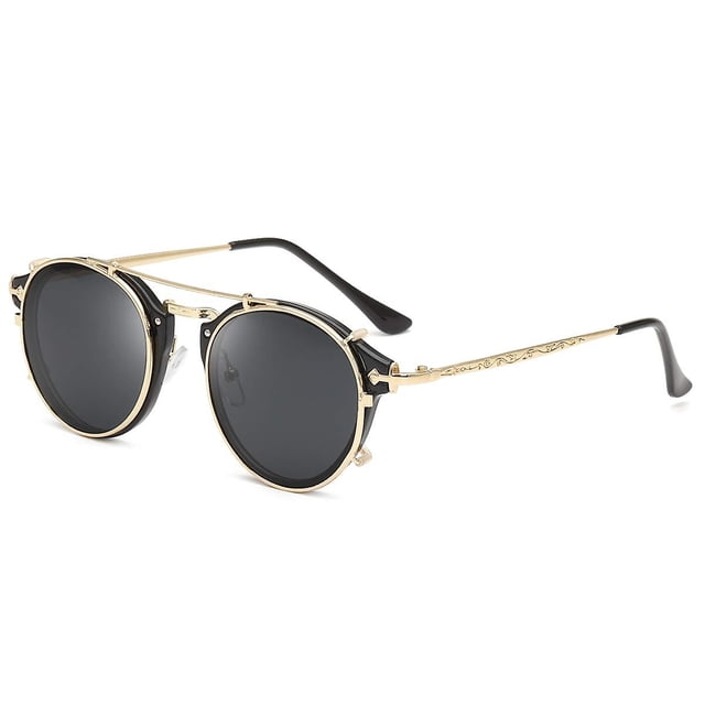 Gafas de sol Steampunk de metal, círculo retro, doble lente, lente de espejo redonda vintage para mujeres y hombres, color negro