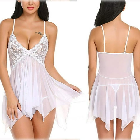 

SUANMAY Womens Plus Size Irregular Deep V Neck Lingerie Babydoll Chemise Sleepwear White L