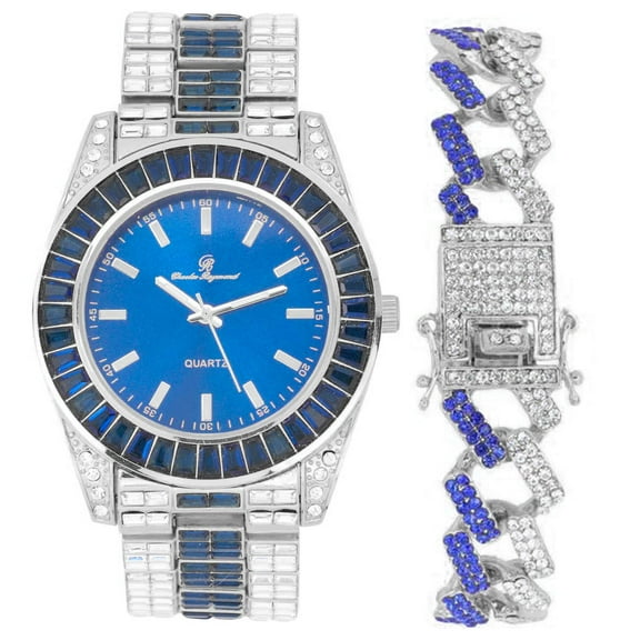 Watch on and Bust Down The Wrist with Lotta of The Whitest and Colorful Crysal Clear Flawless Baquettes! New Luxury Bling'ed Out Charles Raymond Timepiece - ST10377 (ZZ Silver Jet Blue)