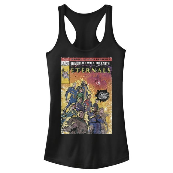 Junior's Marvel Eternals Retro Group Comic Book Cover  Racerback Tank Top Black X Large