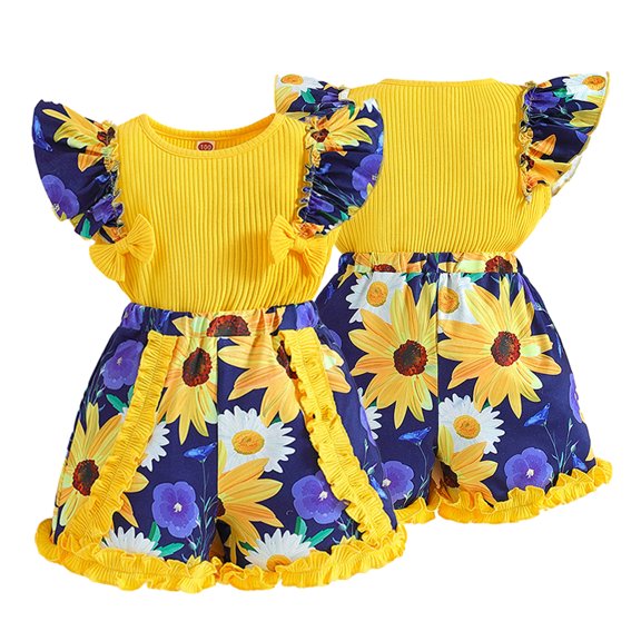 YTDSCS Toddler Baby Girls Summer Clothes 2PCS Outfits Ruffled Short Sleeve Pullover T Shirt Tops and Shorts Pants Casual Sets for 1-6 Years
