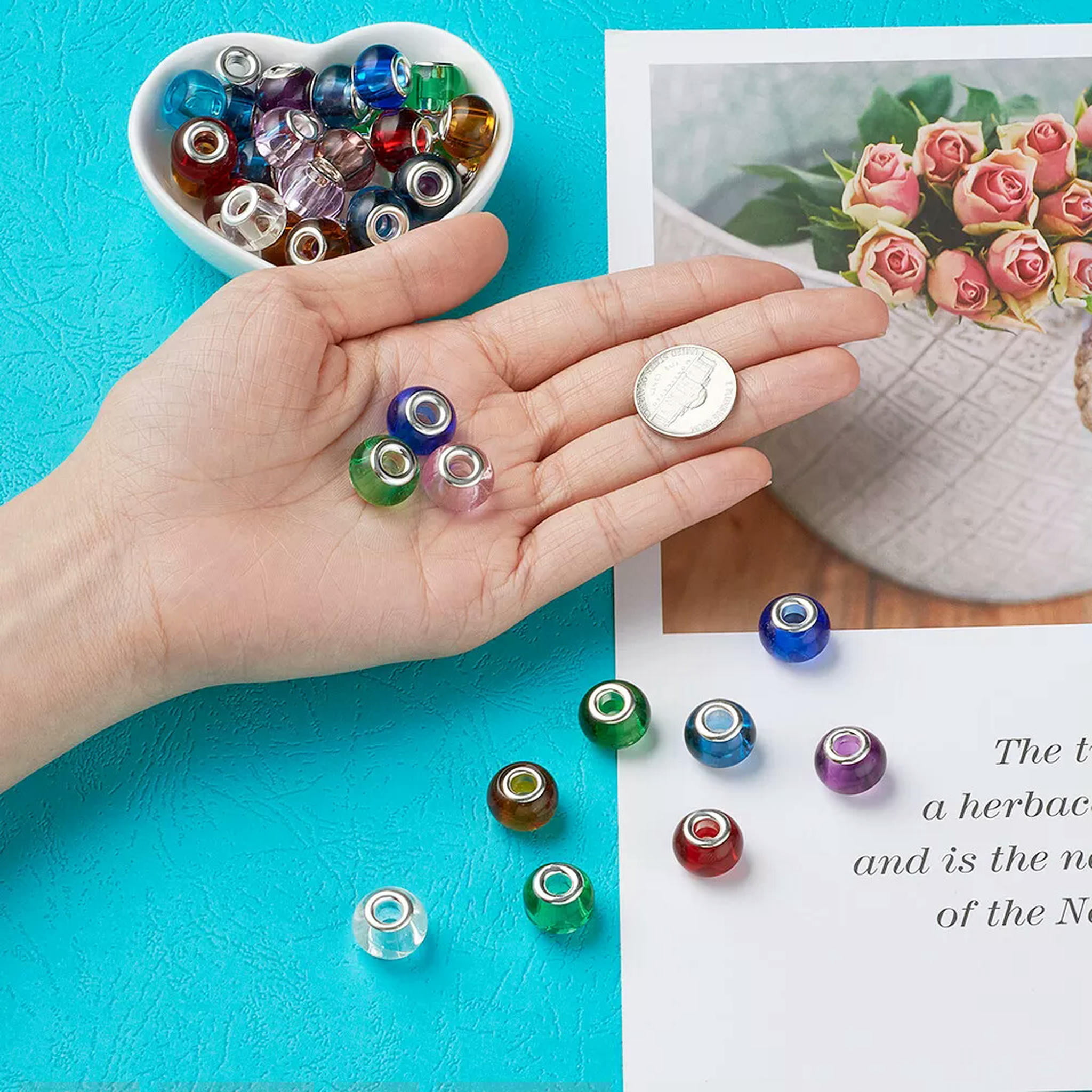 EOEMY 100Pc Rondelle Glass European Beads Large Hole Beads Smooth Beads Spacer 15X12mm