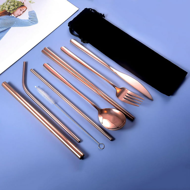 Travel Utensils Set Stainless Steel Reusable Utensils with  Case for Lunch Box 8-Piece including Knife Fork Spoon Chopsticks Cleaning  Brush Metal Straws Silverware Set (Black): Flatware Sets