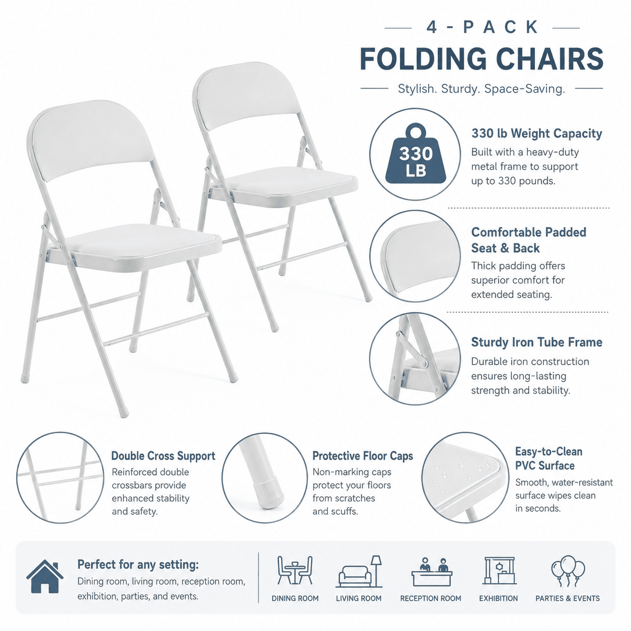 Alvantor 4-Pack White Folding Chairs,Padded PVC Seat and Back,Steel Frame,Portable Seating for Home Office Party Event,330 lbs Capacity