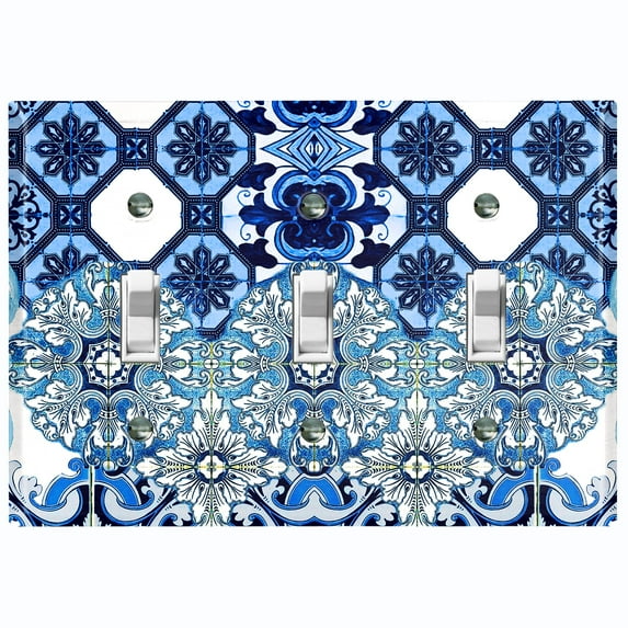 Metal Light Switch Plate Cover Elegant Blue Teal White Tile Pattern TIL016