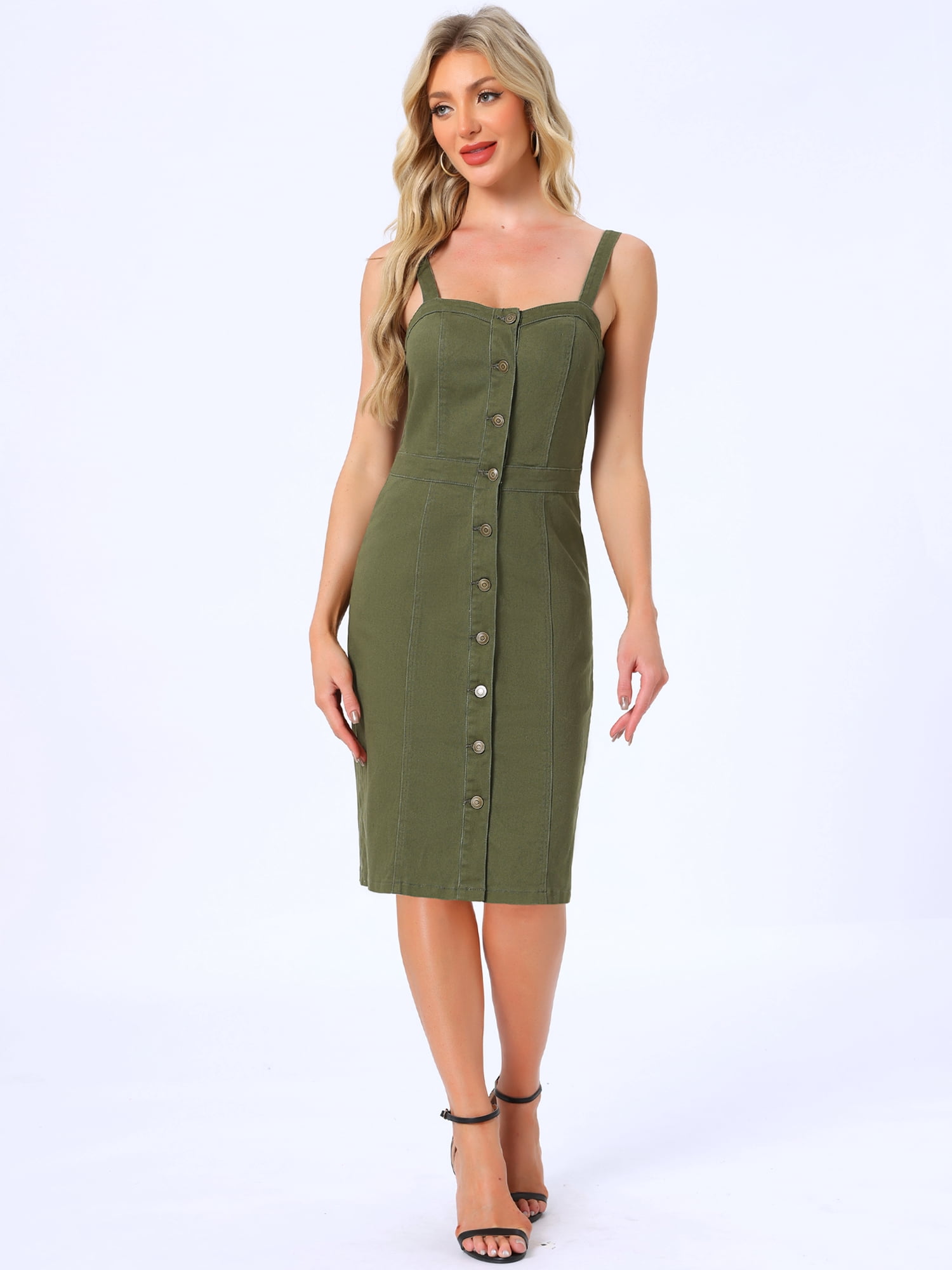 DARING DIVA Women's Button Down Sleeveless Sweetheart Neck Jean Dress S Dark Green