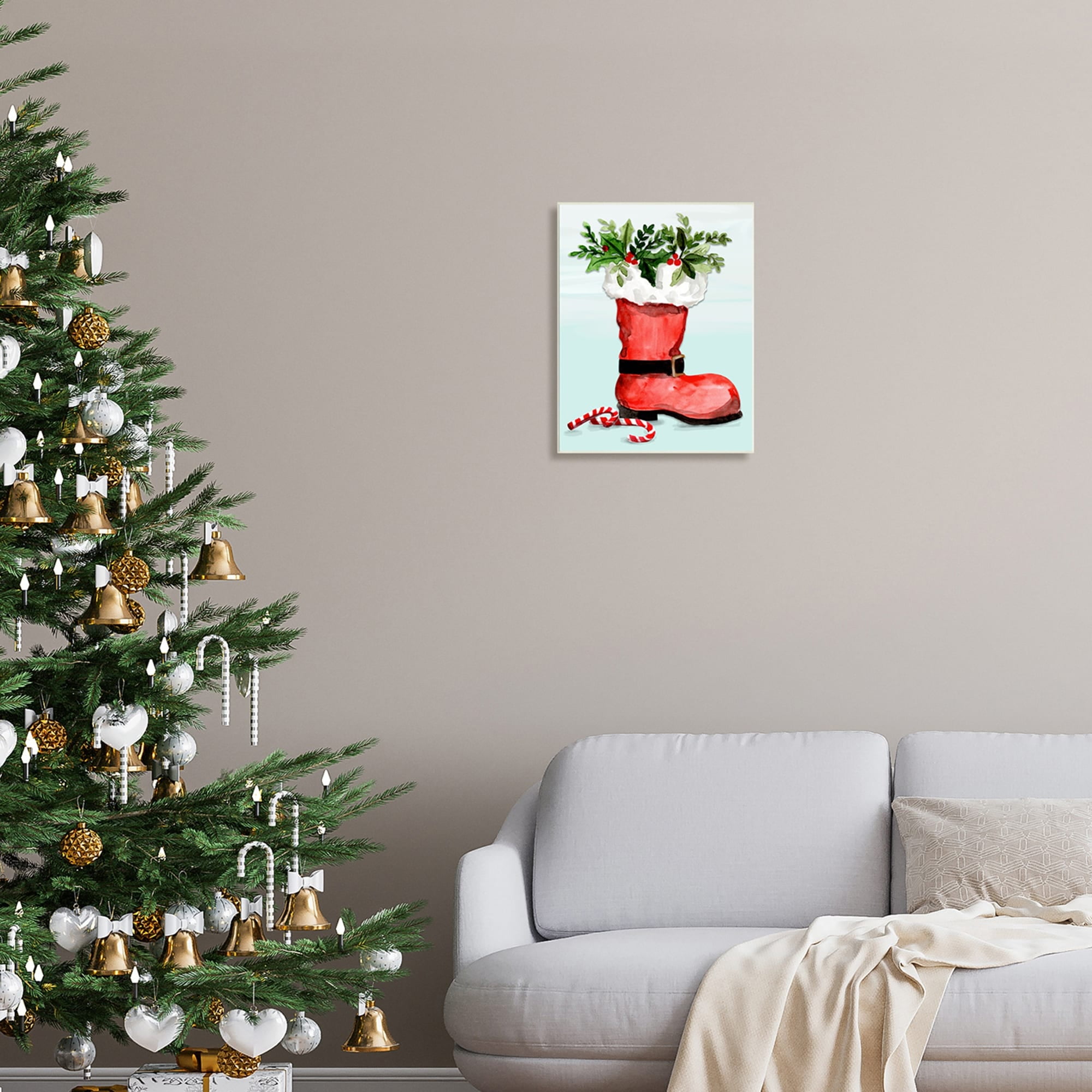 Red Santa Boot Holly Botanical Bouquet Candy Canes Botanical & Floral Painting Unframed Art Print Wall Art