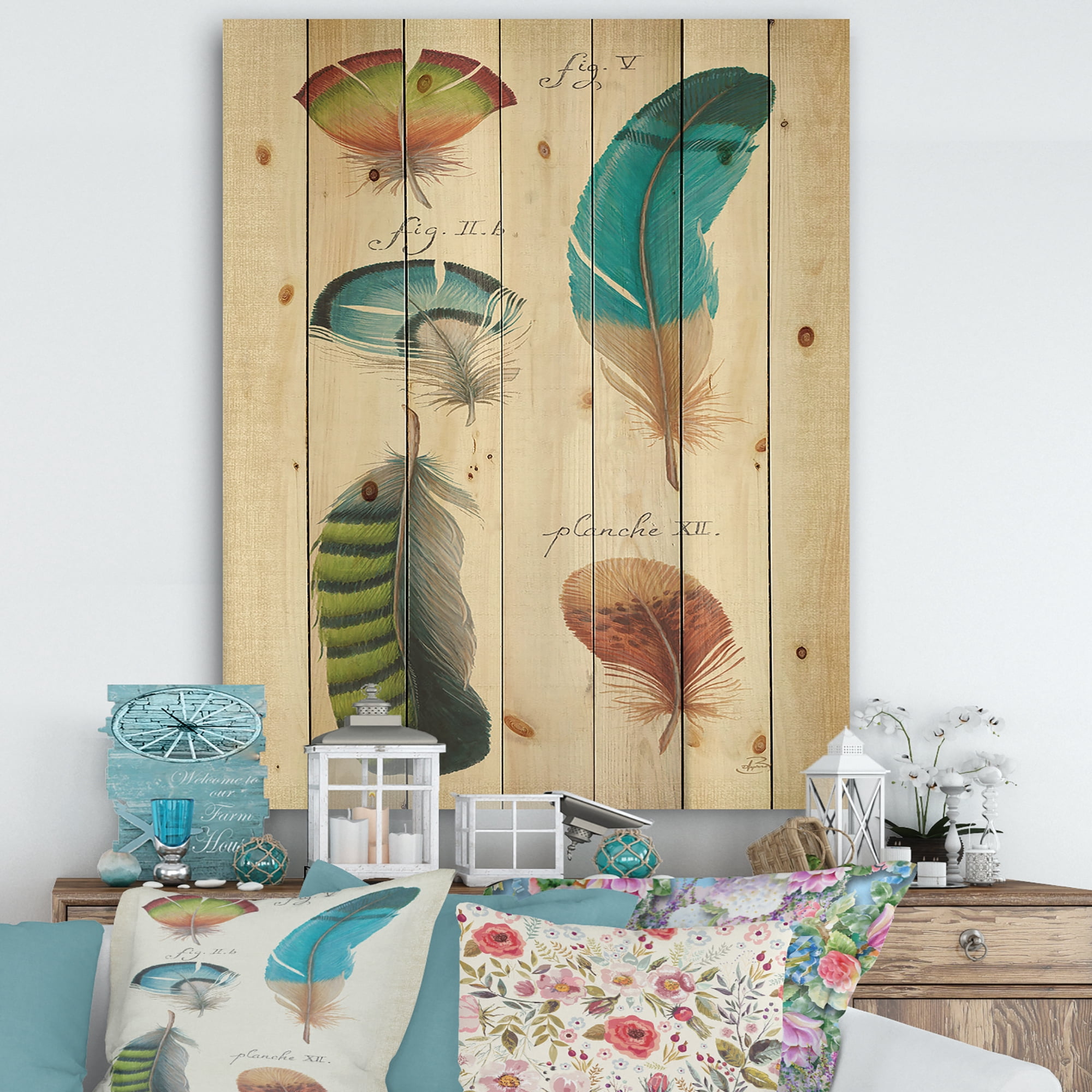 Designart 'Feathers Cottage Family III' Cabin & Lodge Print on Natural Pine Wood