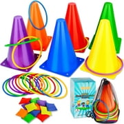 Eocolz 3 in 1 Carnival Games Set, Soft Plastic Cones Bean Bags Ring Toss Games for Kids Birthday Party Outdoor Games Supplies Combo Set 32 PCS