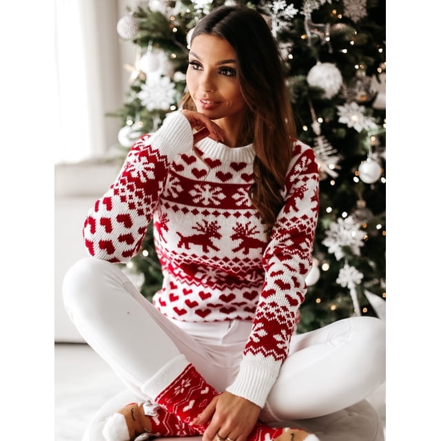 Chandails de Noël pour Femmes, Chandails à Enfiler, Hauts Décontractés à Manches Longues, Col Rond, Imprimé, Chandail Tricoté, Automne Hiver, Blanc/m