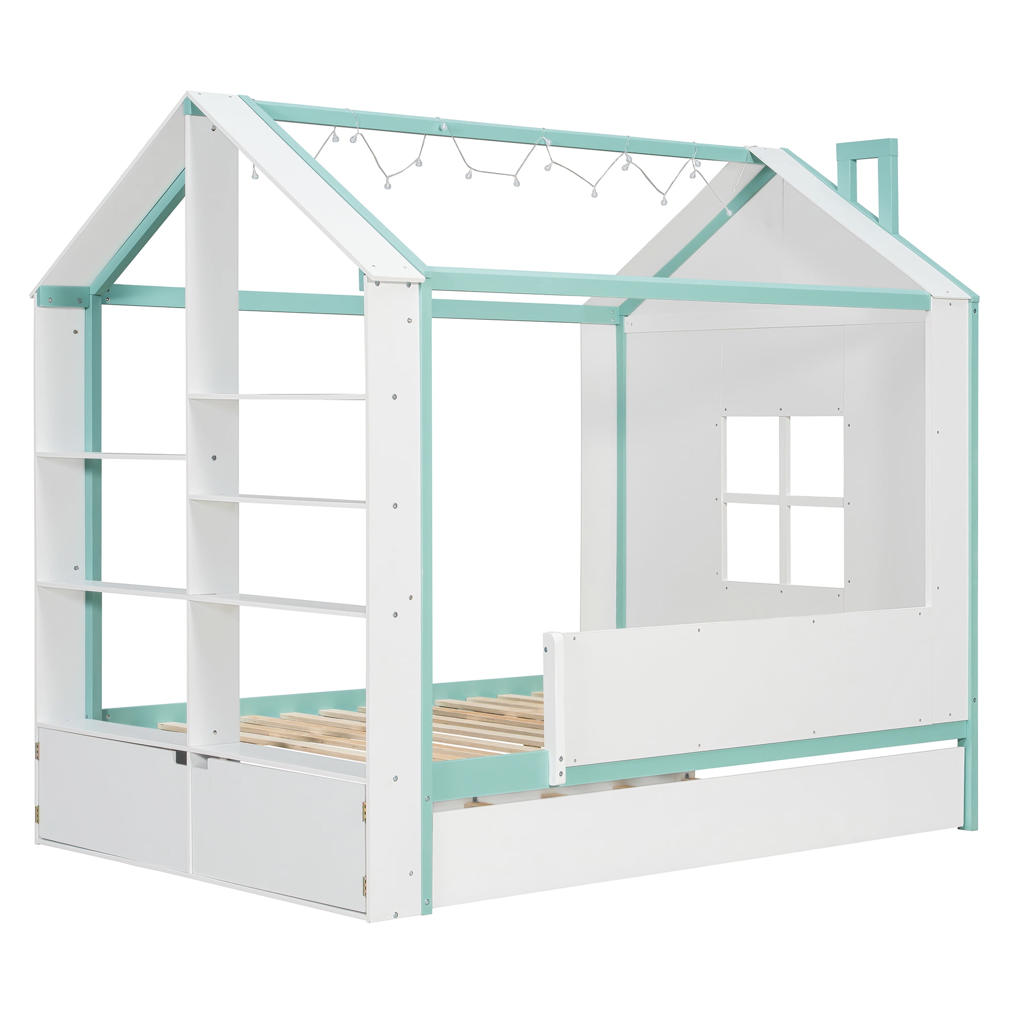 Full Size House Bed Frame with Pull-Out Trundle, Tail End Storage Shelves and Cool White LED Lights, White+Blue