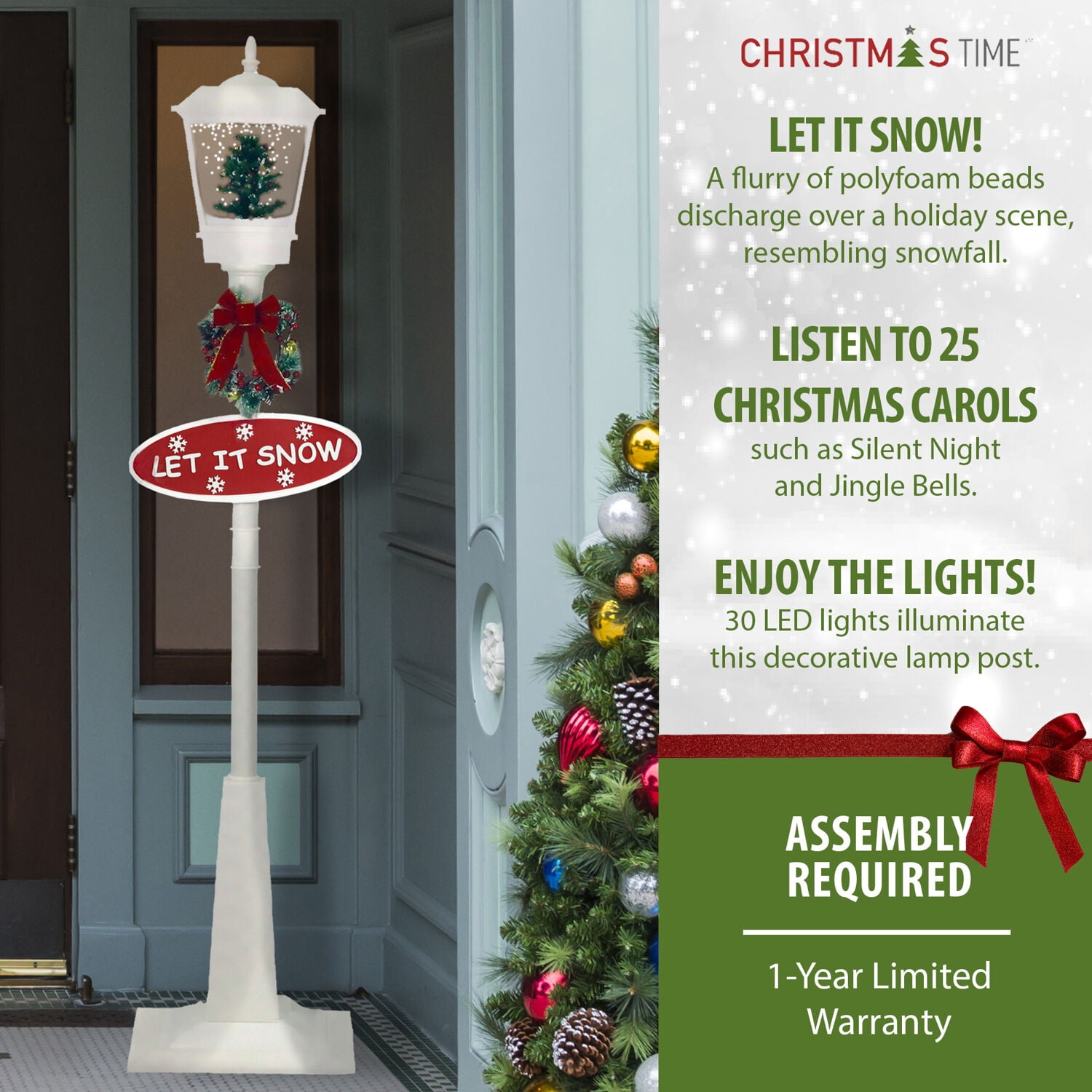 Christmas Time 71-In. Musical Snowy Street Lamp | Christmas Tree Scene, 2 Signs, Cascading Snow, and Holiday Songs | White | CT-SL071A-WHT