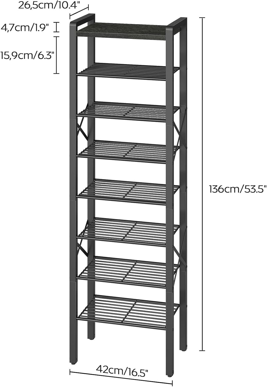 8-Tier Narrow Shoe Rack, Tall Shoe Rack for 8-16 Pairs, Slim Shoe Storage Organizer with Wooden Top, Space Saving, Metal Frame, for Entryway