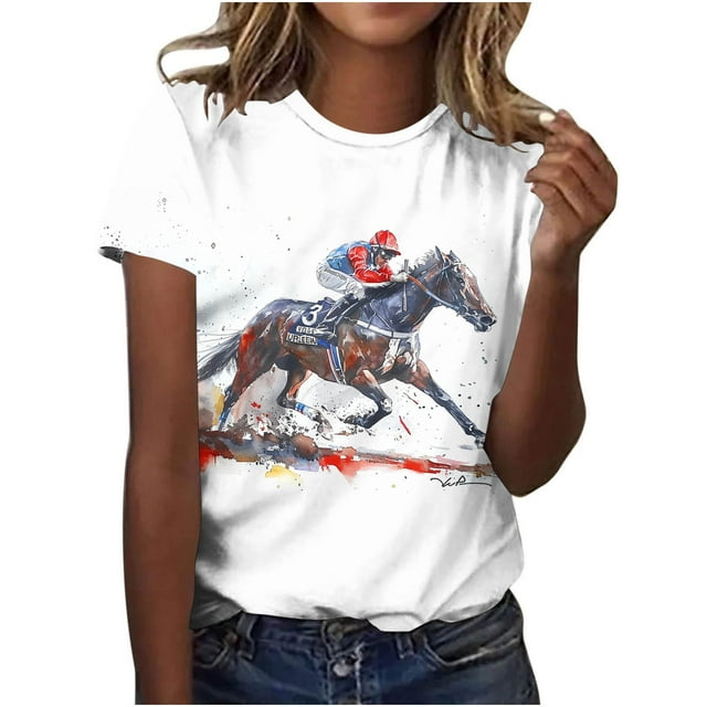 Womens Horse Racing T-Shirts Plus Size Vintage Retro Graphic Tees Loose Fit Funny Pullover Tops, XL