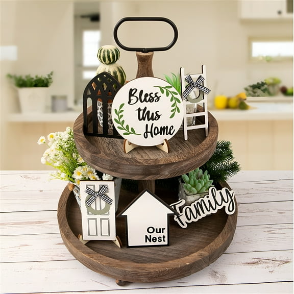 LAMIRO Farmhouse Decor For Tiered Tray Rustic Wooden Sign Table Centerpieces With Artificial String Light Plastic Stand For Kitchen Table Decor
