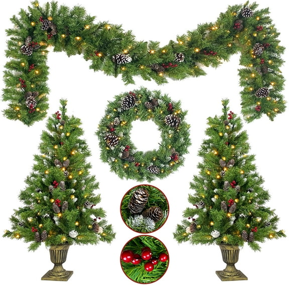 Christmas Decoration Set for Door, 4-Piece Christmas Garland & Wreath Entrance Trees, Pre-lit Xmas Artificial Tree Set for Outdoor Indoor Home Decor, with Warm Lights, Green