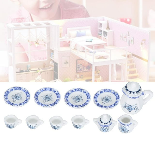 Greensen Porcelain Tea Miniature,1:12 Dollhouse Kitchen Miniature 15pcs Porcelain Flower Tea Cup Set Decor Collection, Tea Dollhouse Miniature
