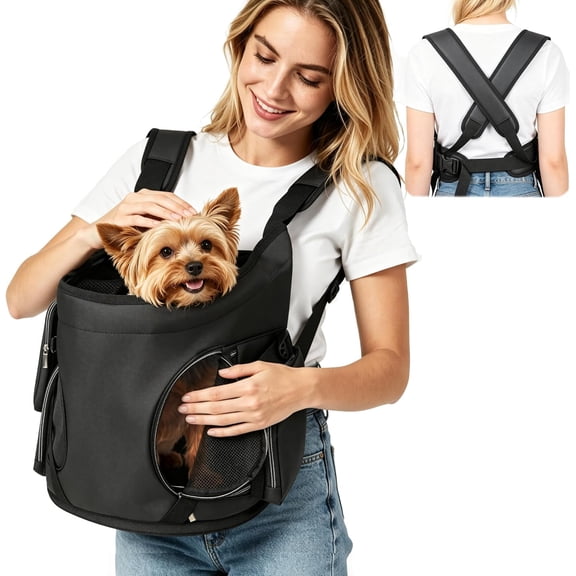 7-15 lbs Dog Front Carrier Backpack, Pet Front Facing Carrier | Ergonomic Cross-Back Support, Ventilated, Pocket Storage, Safety Belt, 2 Head Positions, Black with Detachable Sling Pouch