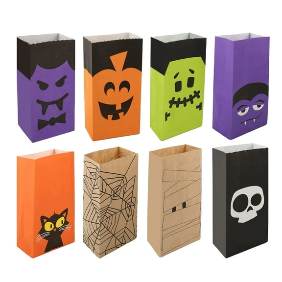 Halloween Paper Treat Bags, 8-Pack Assorted Designs, Monster, Pumpkin, Cat, Skull for Party Favors, Candy, Gifts, Trick or Treat